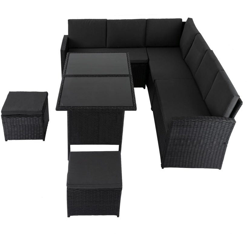 Ella 8-Seater Modular Outdoor Garden Lounge and Dining Set with Table and Stools in Black