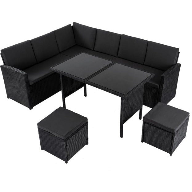 Ella 8-Seater Modular Outdoor Garden Lounge and Dining Set with Table and Stools in Black