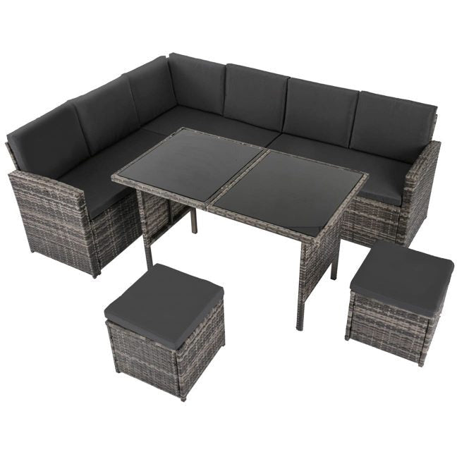 Ella 8-Seater Modular Outdoor Garden Lounge and Dining Set with Table and Stools in Dark Grey Weave