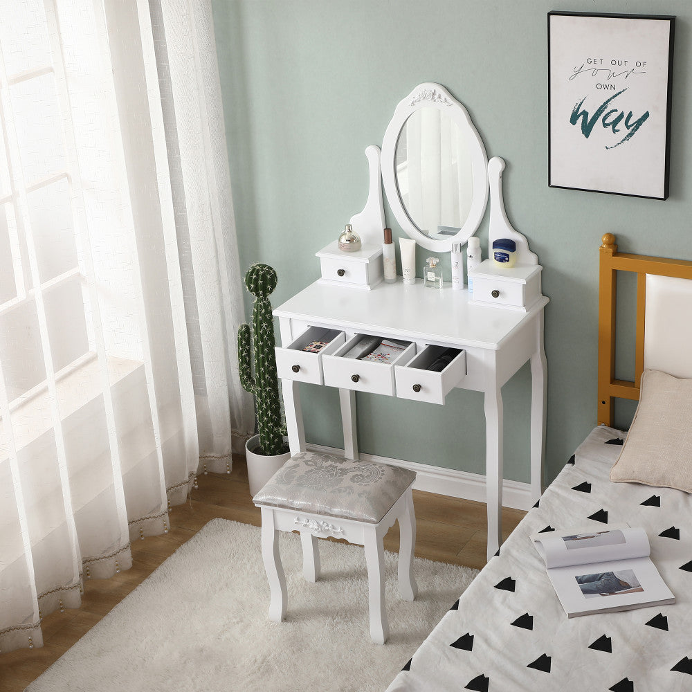 Carved Dressing Vanity Table Set with Mirror &amp;#038; Stool- White
