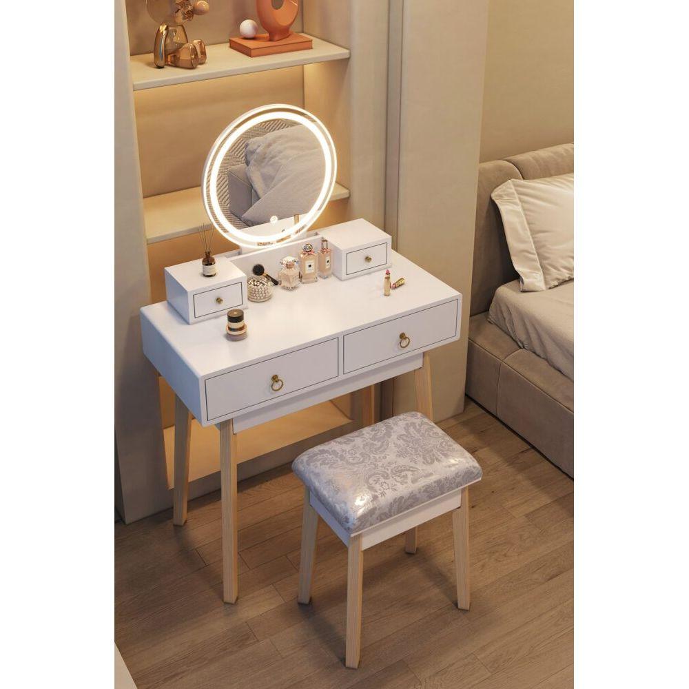 Dressing Vanity Table Stool Set with Make-up LED Lighted Mirror - White