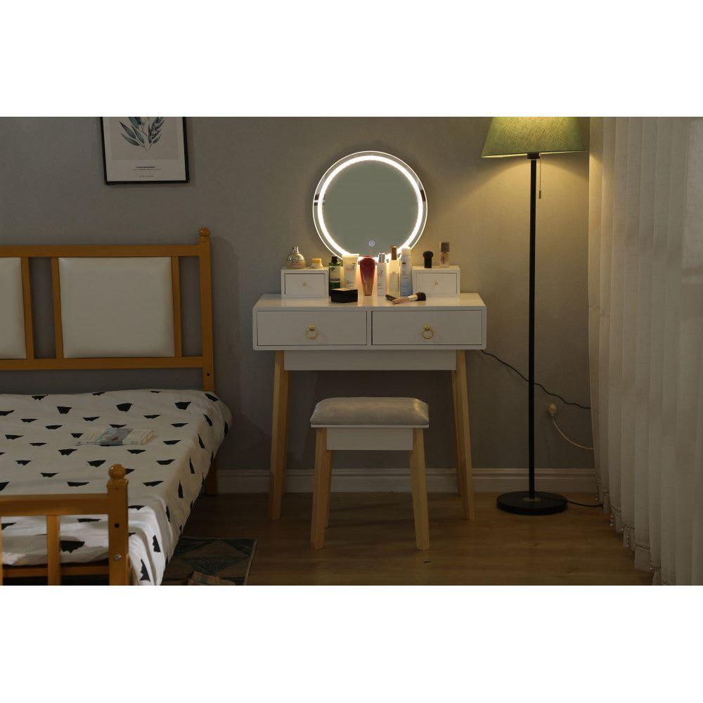 Dressing Vanity Table Stool Set with Make-up LED Lighted Mirror - White