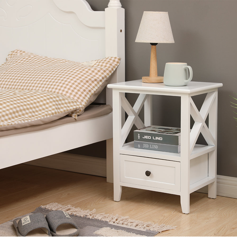 2-tier Bedside Table with Storage Drawer 2 PC &#8211; White