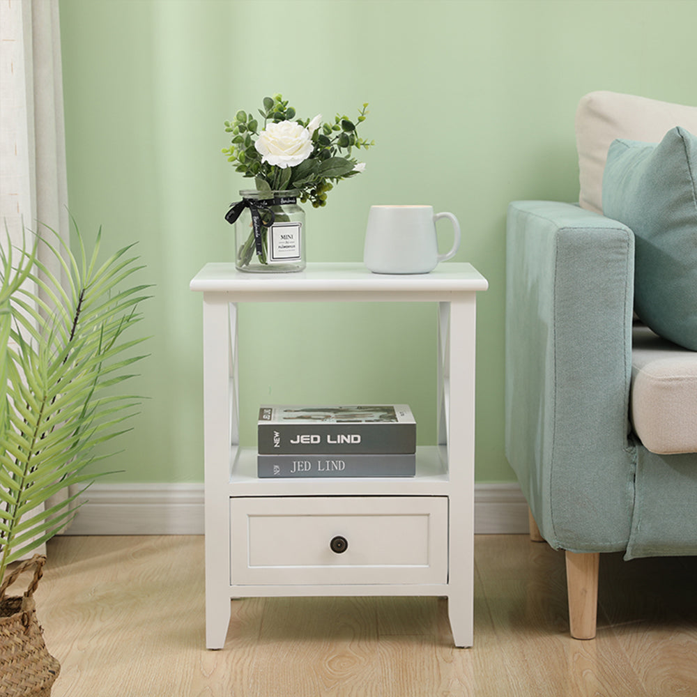 2-tier Bedside Table with Storage Drawer 2 PC &#8211; White