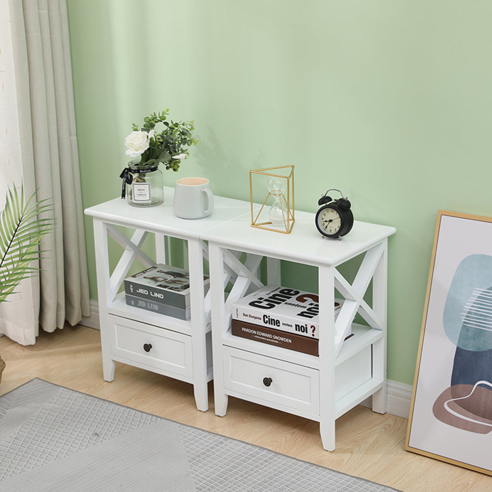 2-tier Bedside Table with Storage Drawer 2 PC &#8211; White