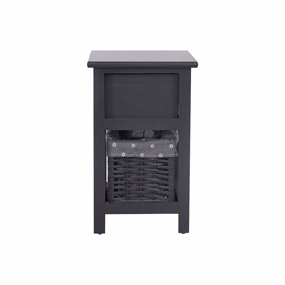 Bedside Table Nightstand with Drawer and Wicker Basket Grey