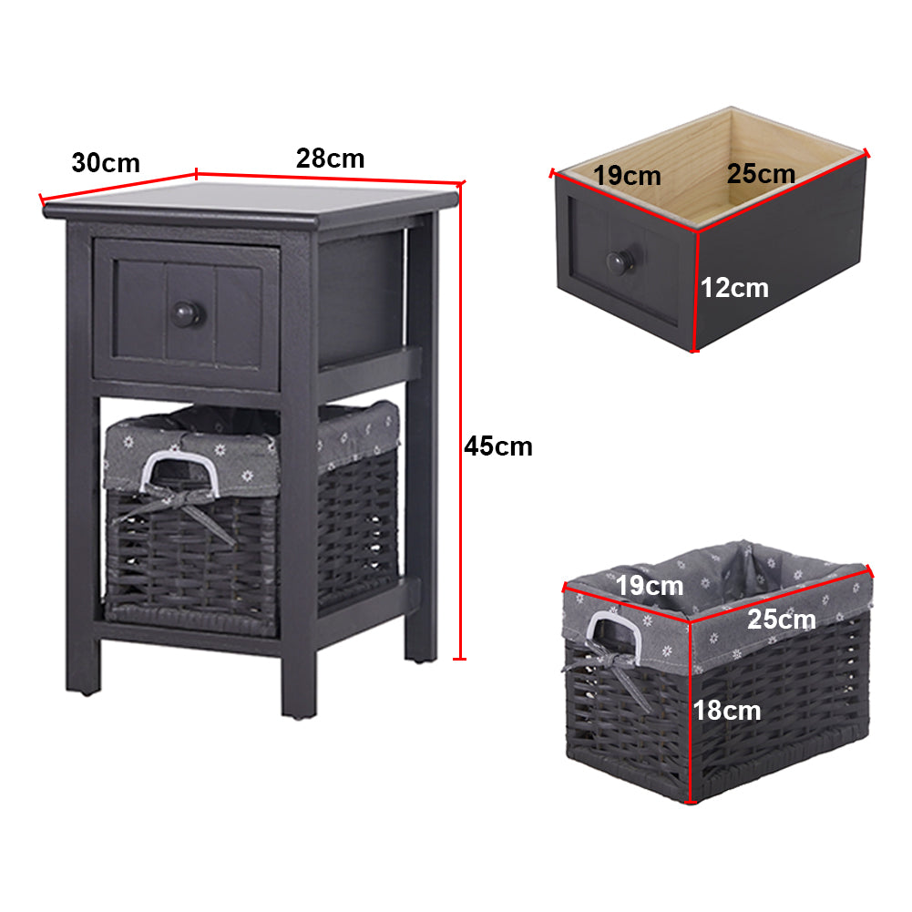 Bedside Table Nightstand with Drawer and Wicker Basket Grey