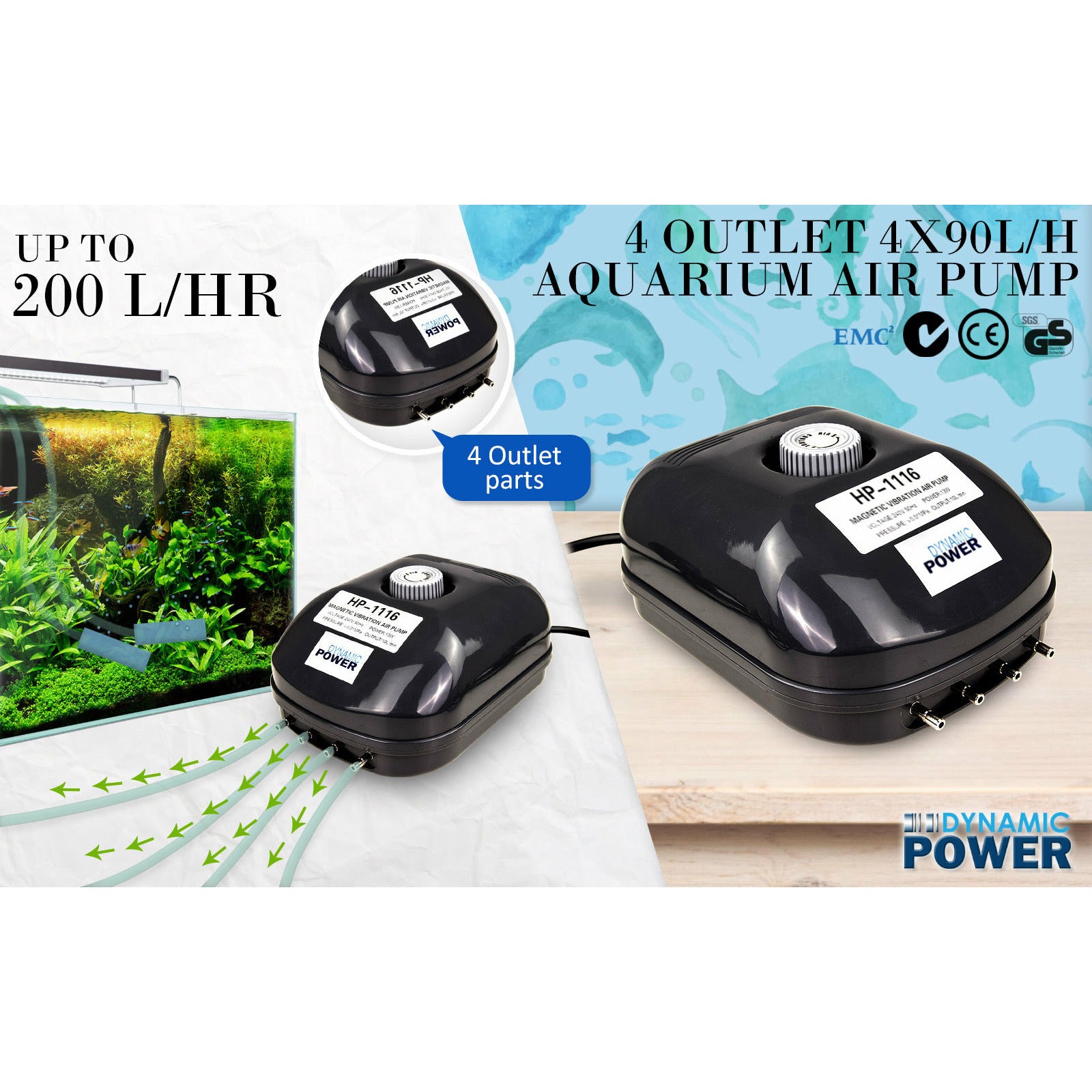 Dynamic Power Aquarium Air Pump Oxygen Hydroponic 4 Outlet 360L/H 13W