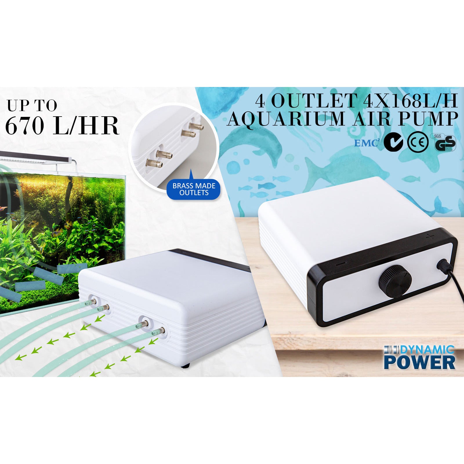 Dynamic Power White Aquarium Air Pump Oxygen Hydroponic 4 Outlet 670L/H 8W