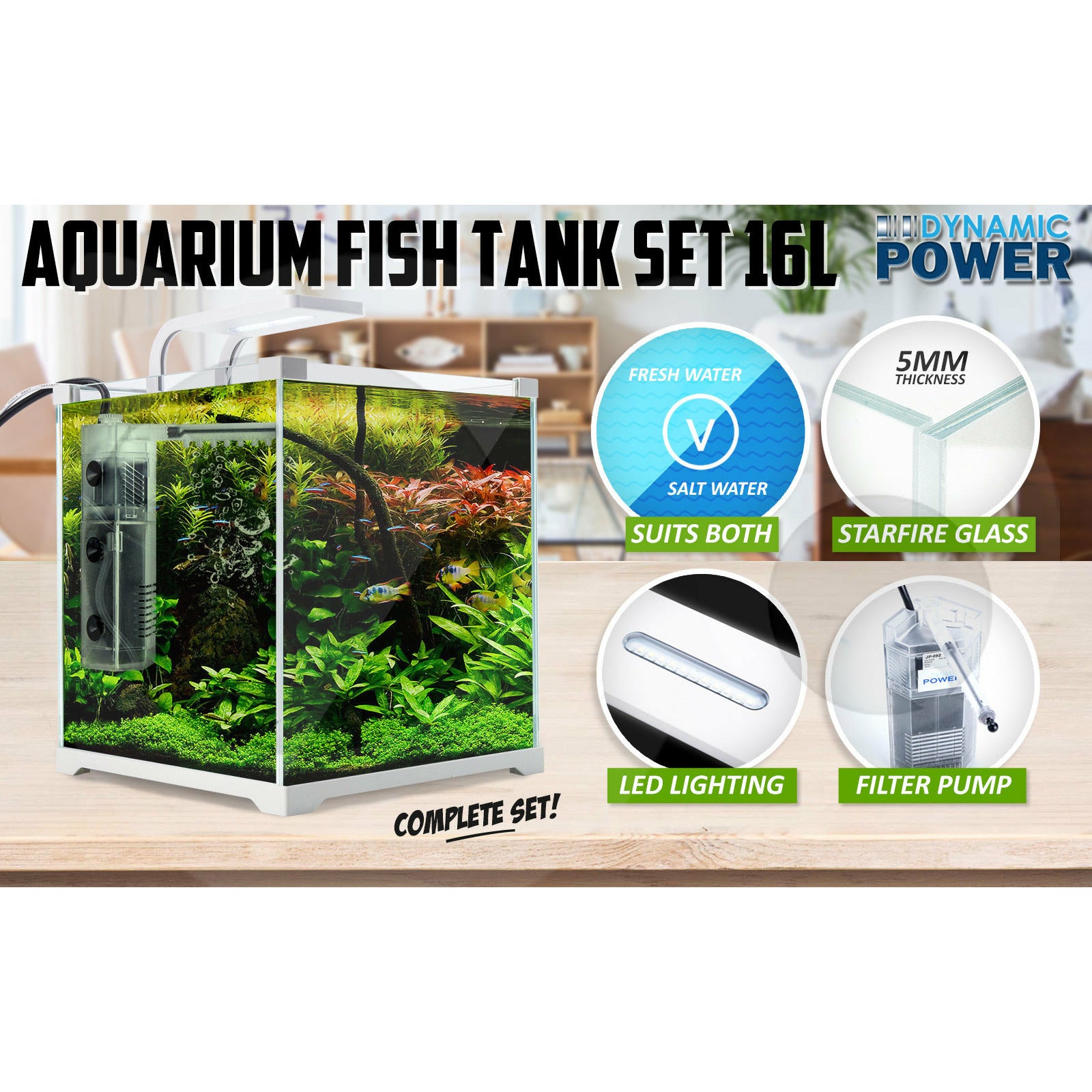 Dynamic Power  Aquarium Fish Tank 16L Starfire Glass