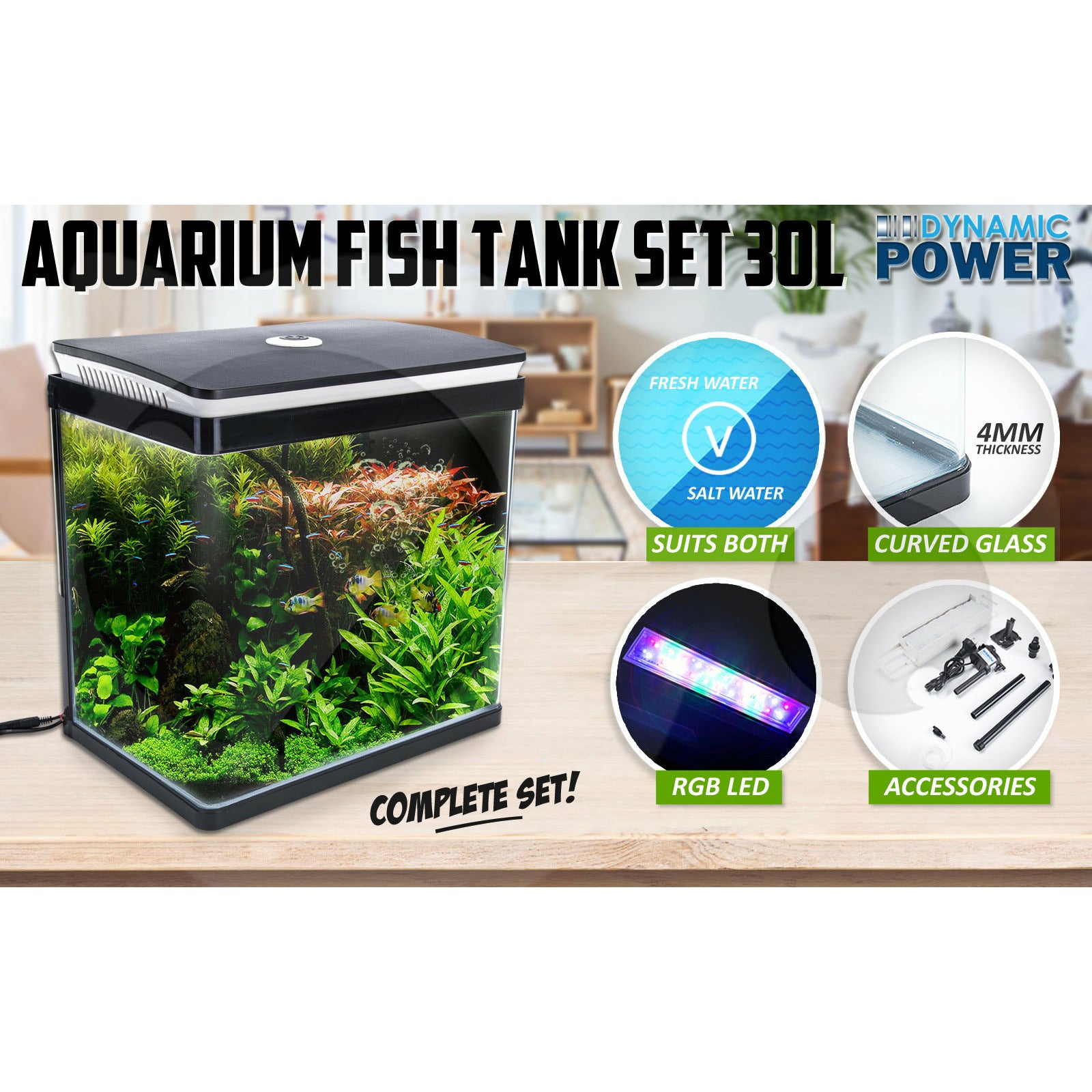 Dynamic Power Aquarium Fish Tank 30L Curved Glass RGB LED