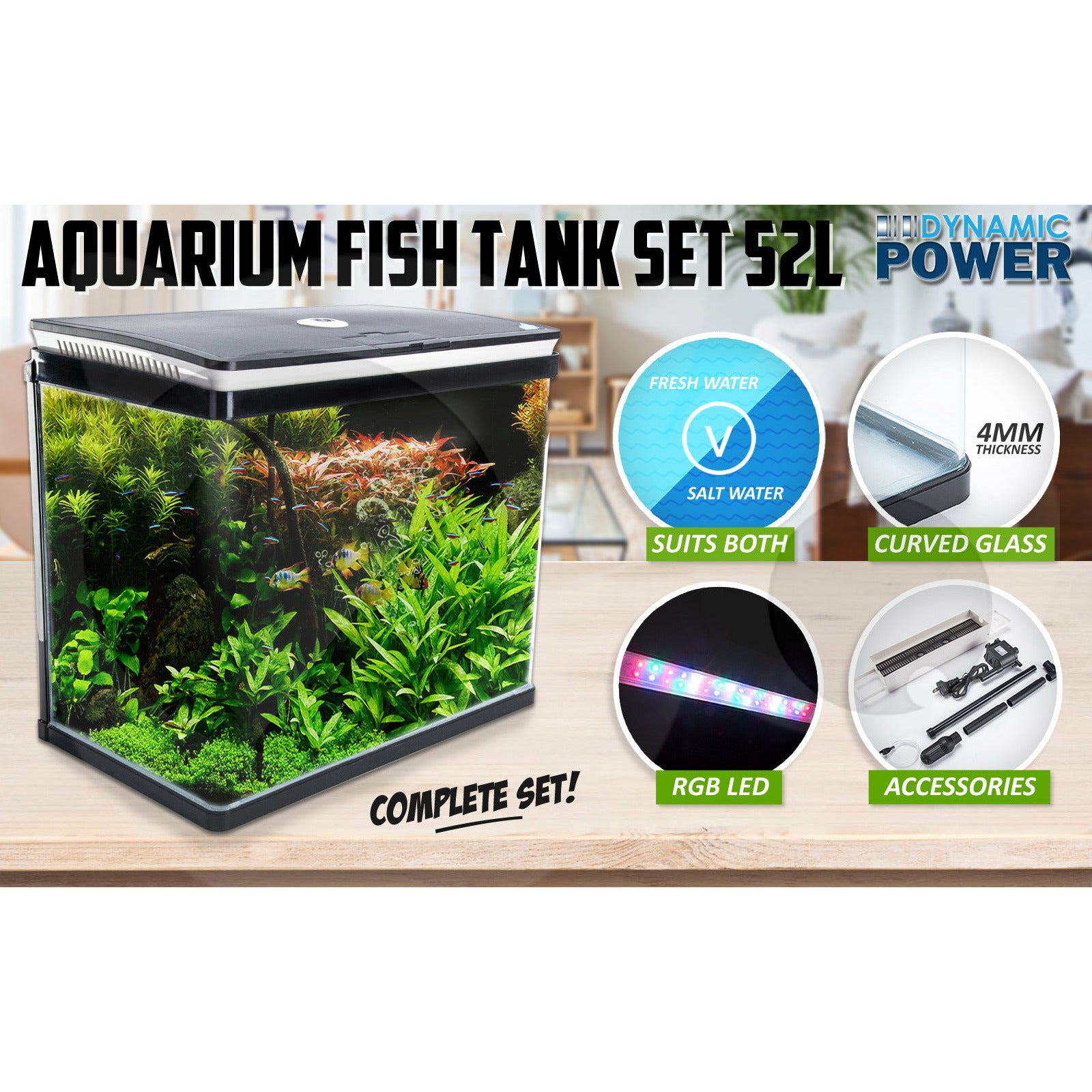 Dynamic Power Aquarium Fish Tank 52L Curved Glass RGB LED