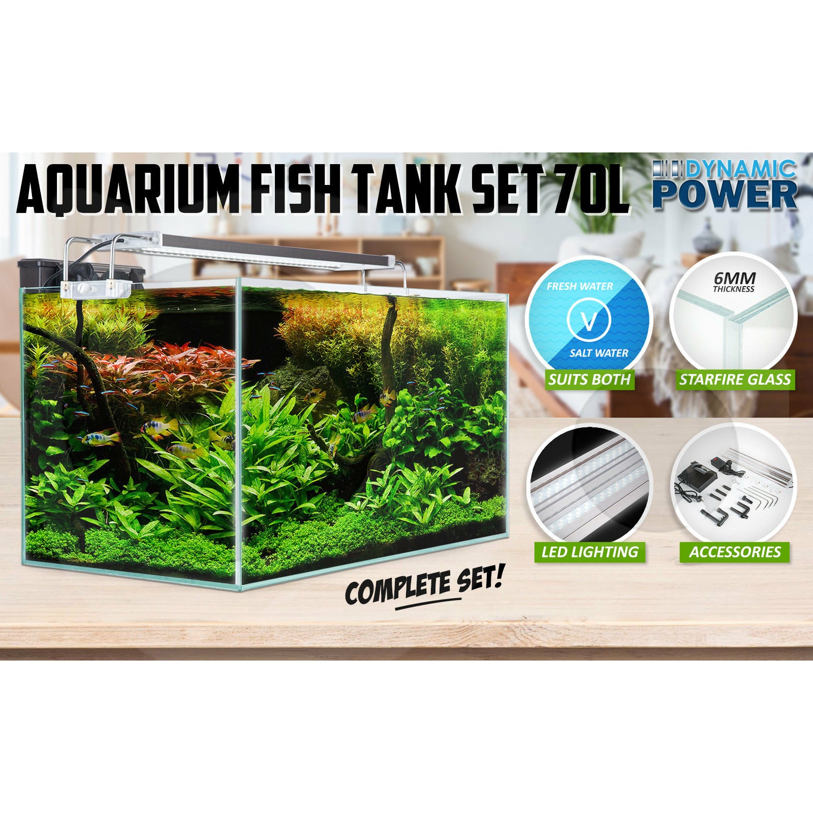Dynamic Power Aquarium Fish Tank 70L Starfire Glass