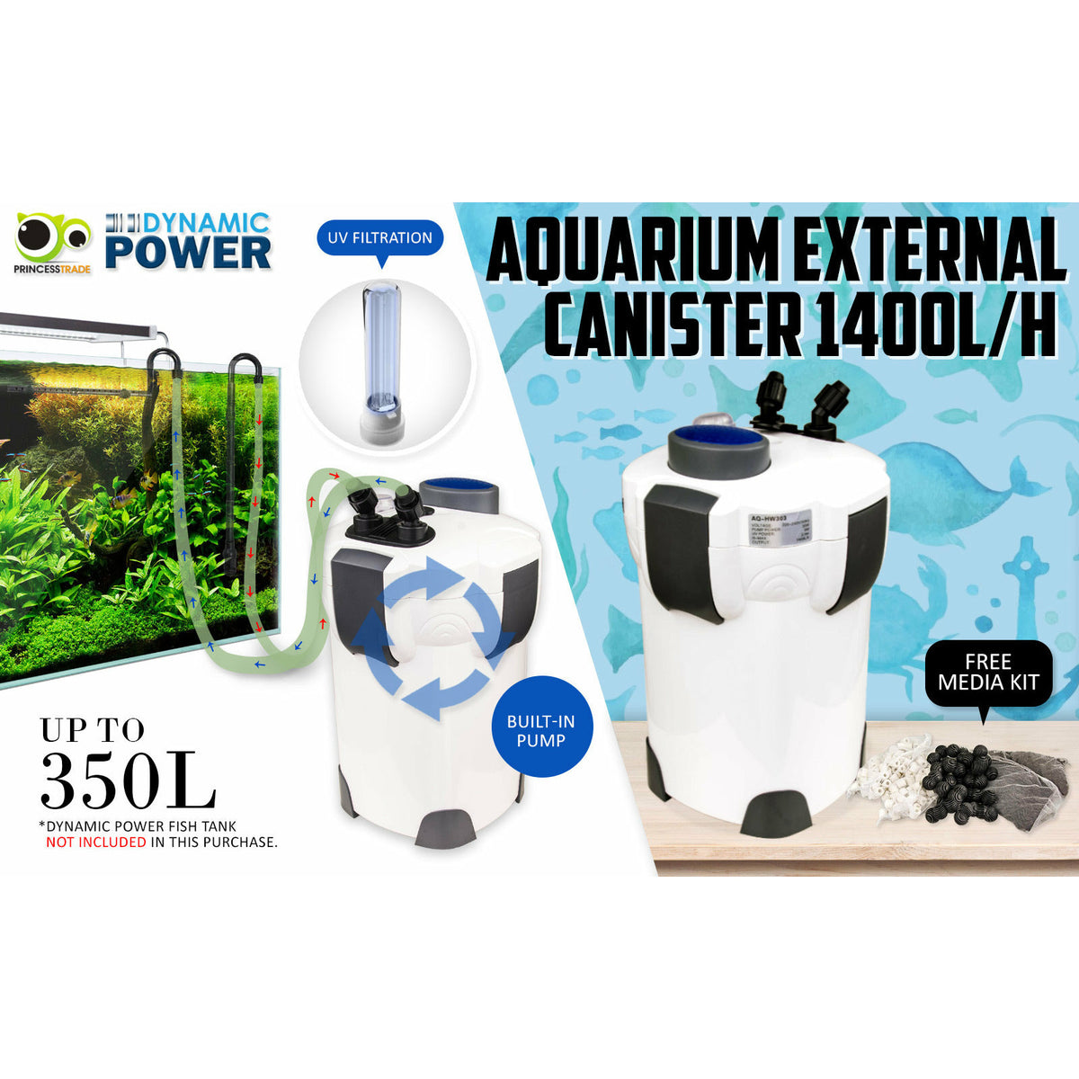 Dynamic Power Aquarium UV Light External Canister Filter 1400L/H + Media Kit