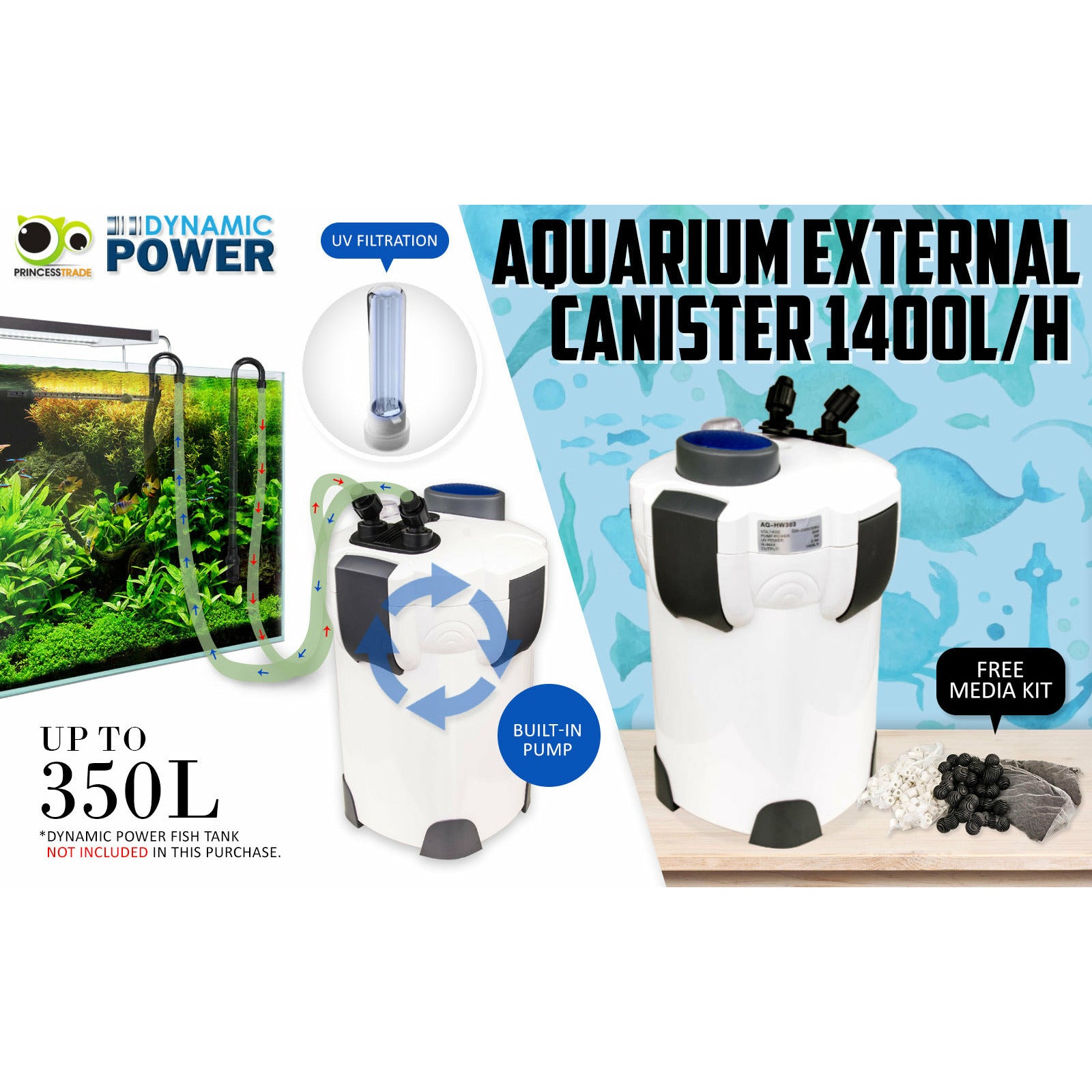 Dynamic Power Aquarium UV Light External Canister Filter 1400L/H + Media Kit