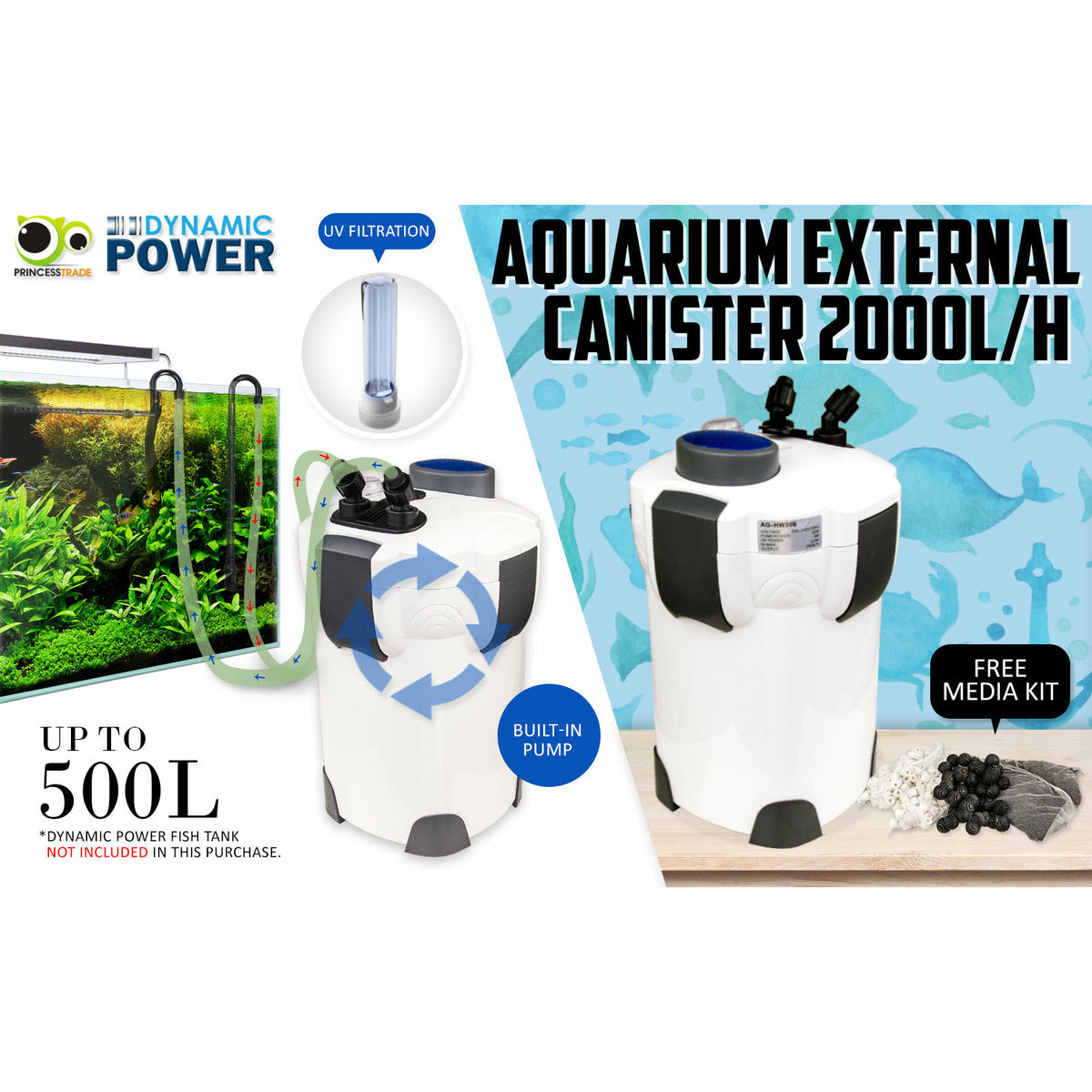 Dynamic Power Aquarium UV Light External Canister Filter 2000L/H + Media Kit