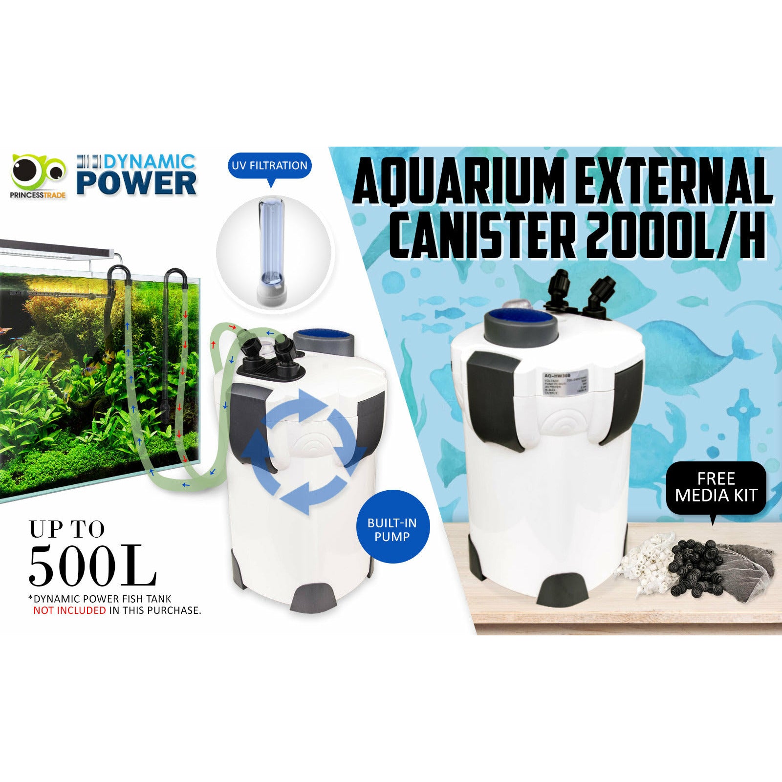 Dynamic Power Aquarium UV Light External Canister Filter 2000L/H + Media Kit