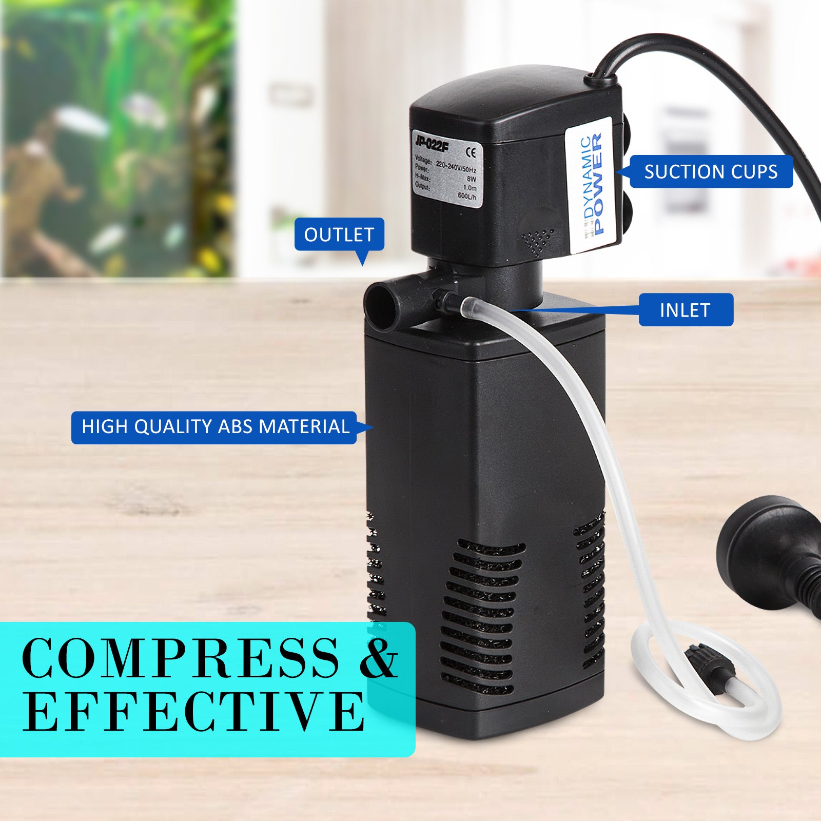 Dynamic Power Aquarium Submersible Filter 600L/H 8W 1m Pond Pump