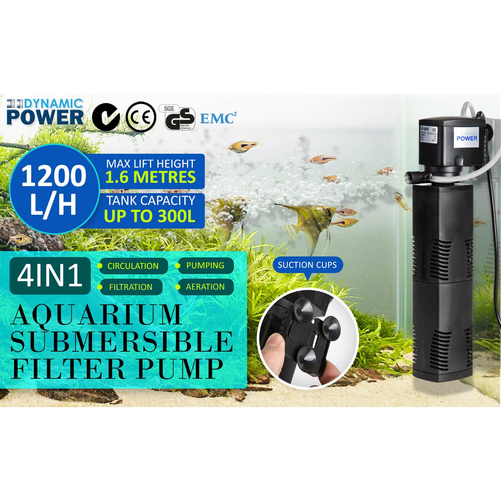 Dynamic Power Aquarium Submersible Filter 1200L/H 22W 1.6m Pond Pump