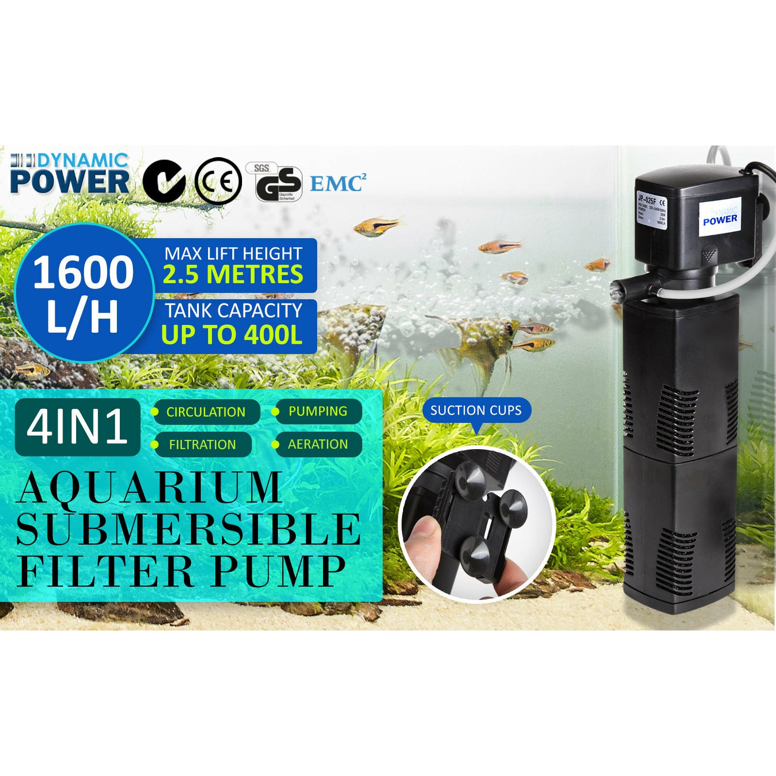 Dynamic Power Aquarium Submersible Filter 1600L/H 35W 2.5m Pond Pump