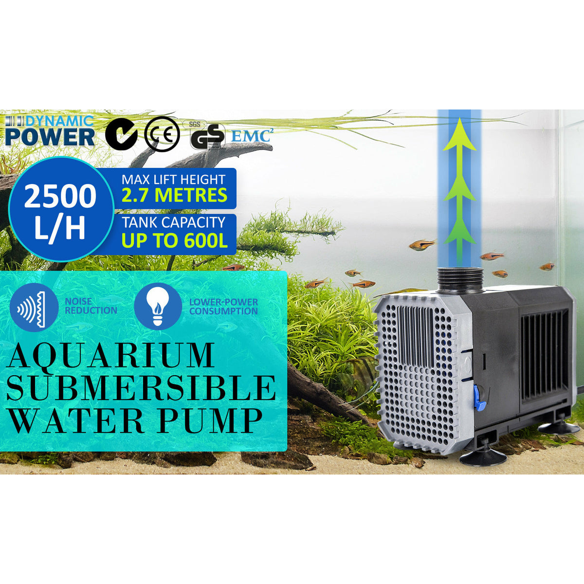 Dynamic Power Aquarium Submersible Water Pump 2500L/H 45W 2.7m Pond