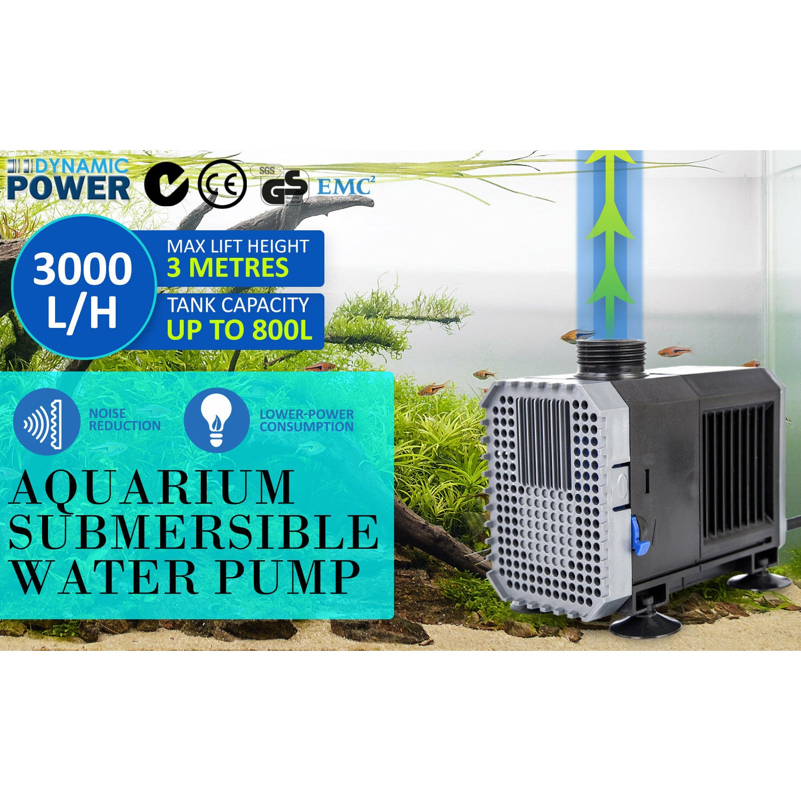 Dynamic Power Aquarium Submersible Water Pump 3000L/H 55W 3m Pond