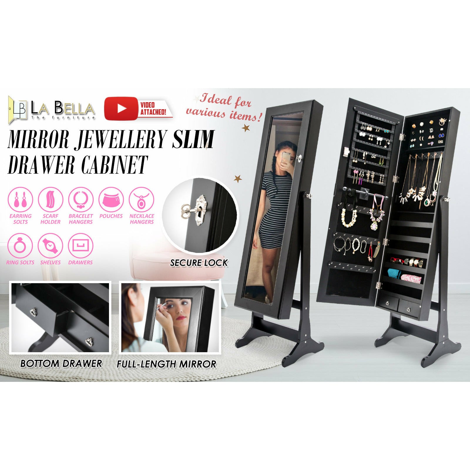 La Bella Black Mirror Jewellery Cabinet LOWE 146cm Organiser 2 Drawers