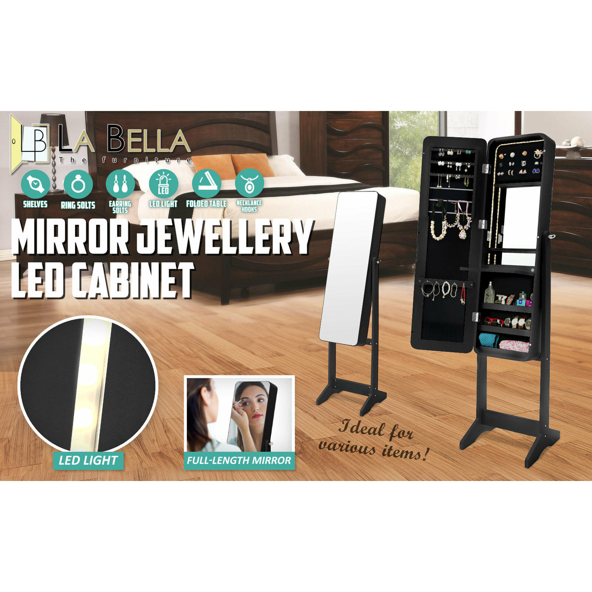 La Bella Black Mirror Jewellery Cabinet FLASHY 146cm Organiser LED
