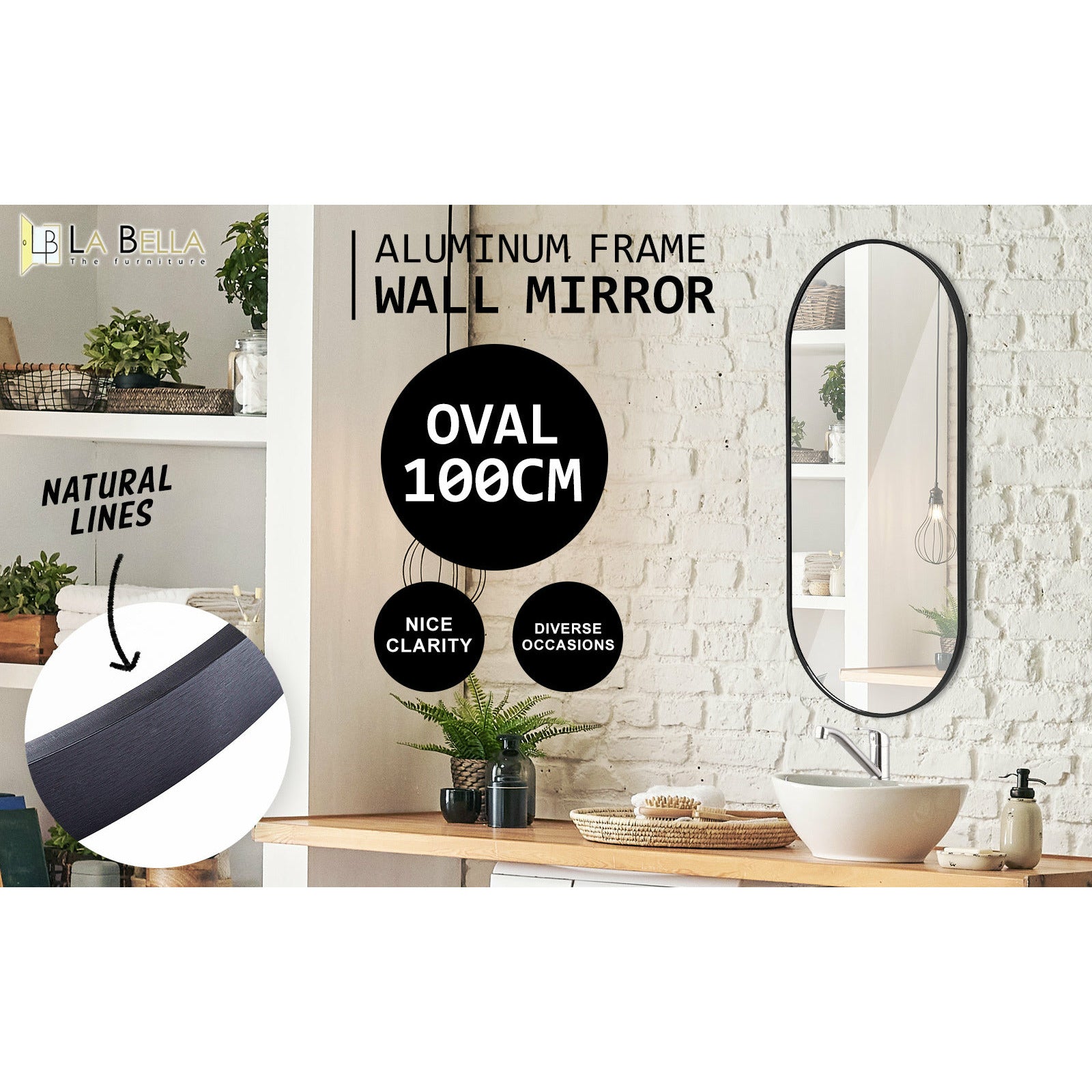 La Bella Black Wall Mirror Oval Aluminum Frame Makeup Decor Bathroom Vanity 45 x 100cm