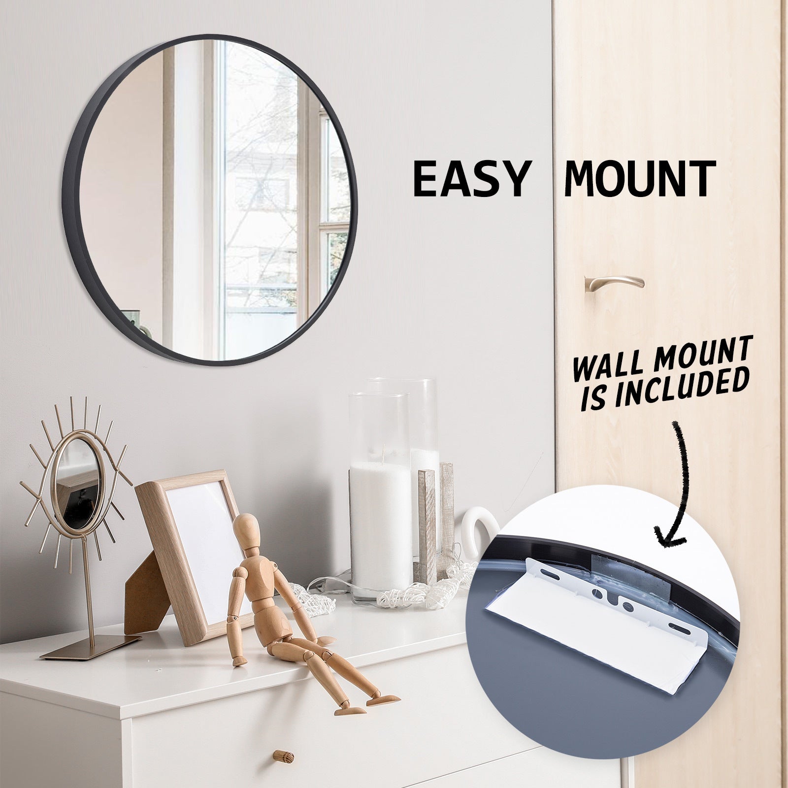 2 Set La Bella Black Wall Mirror Round Aluminum Frame Makeup Decor Bathroom Vanity 50cm