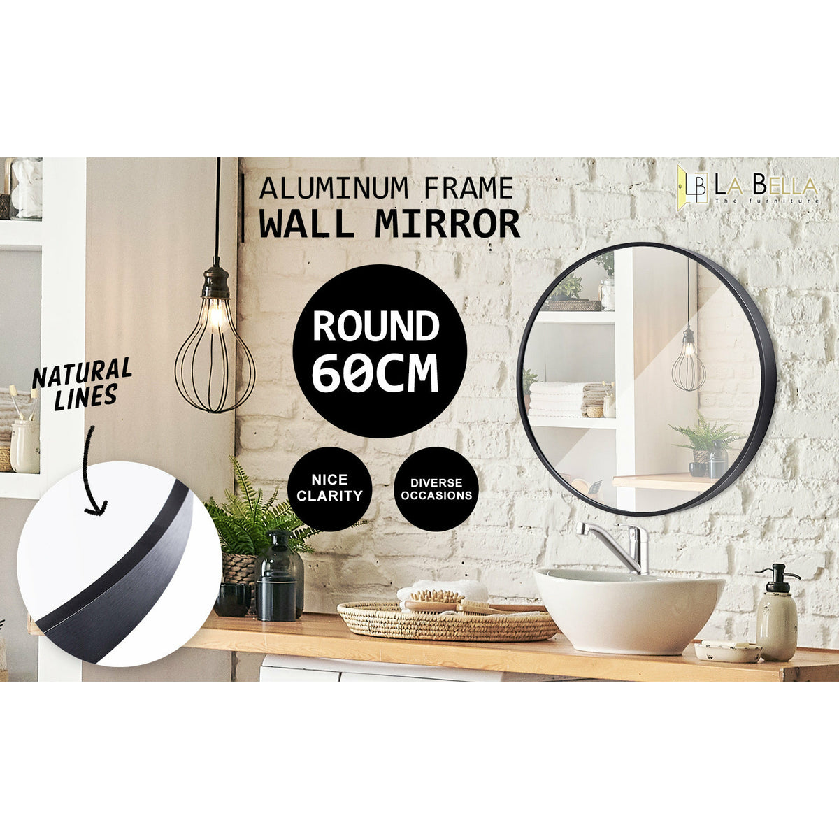 La Bella Black Wall Mirror Round Aluminum Frame Makeup Decor Bathroom Vanity 60cm