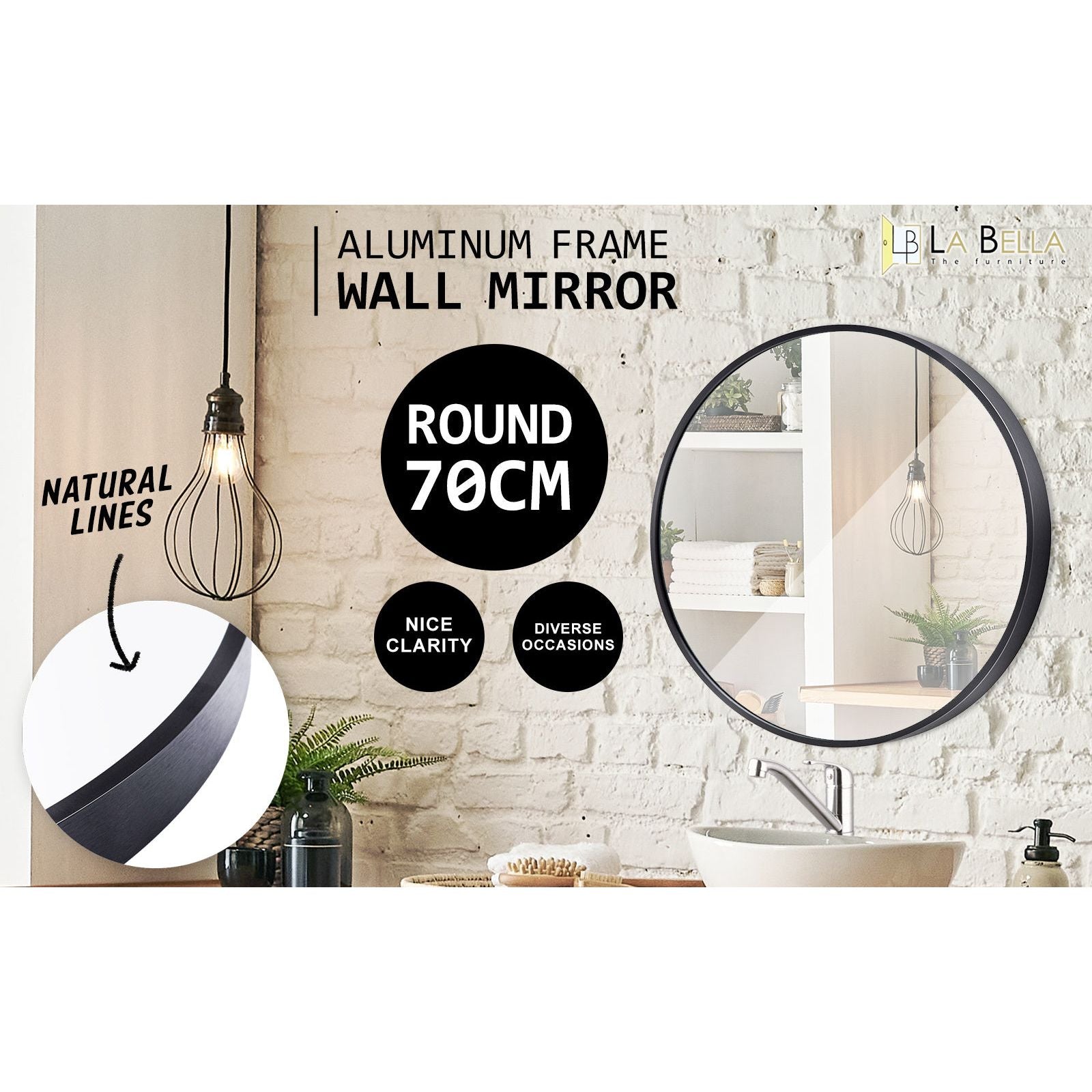 2 Set La Bella Black Wall Mirror Round Aluminum Frame Makeup Decor Bathroom Vanity 70cm