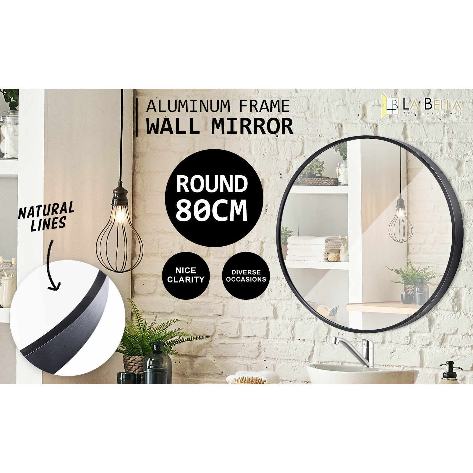 La Bella Black Wall Mirror Round Aluminum Frame Makeup Decor Bathroom Vanity 80cm