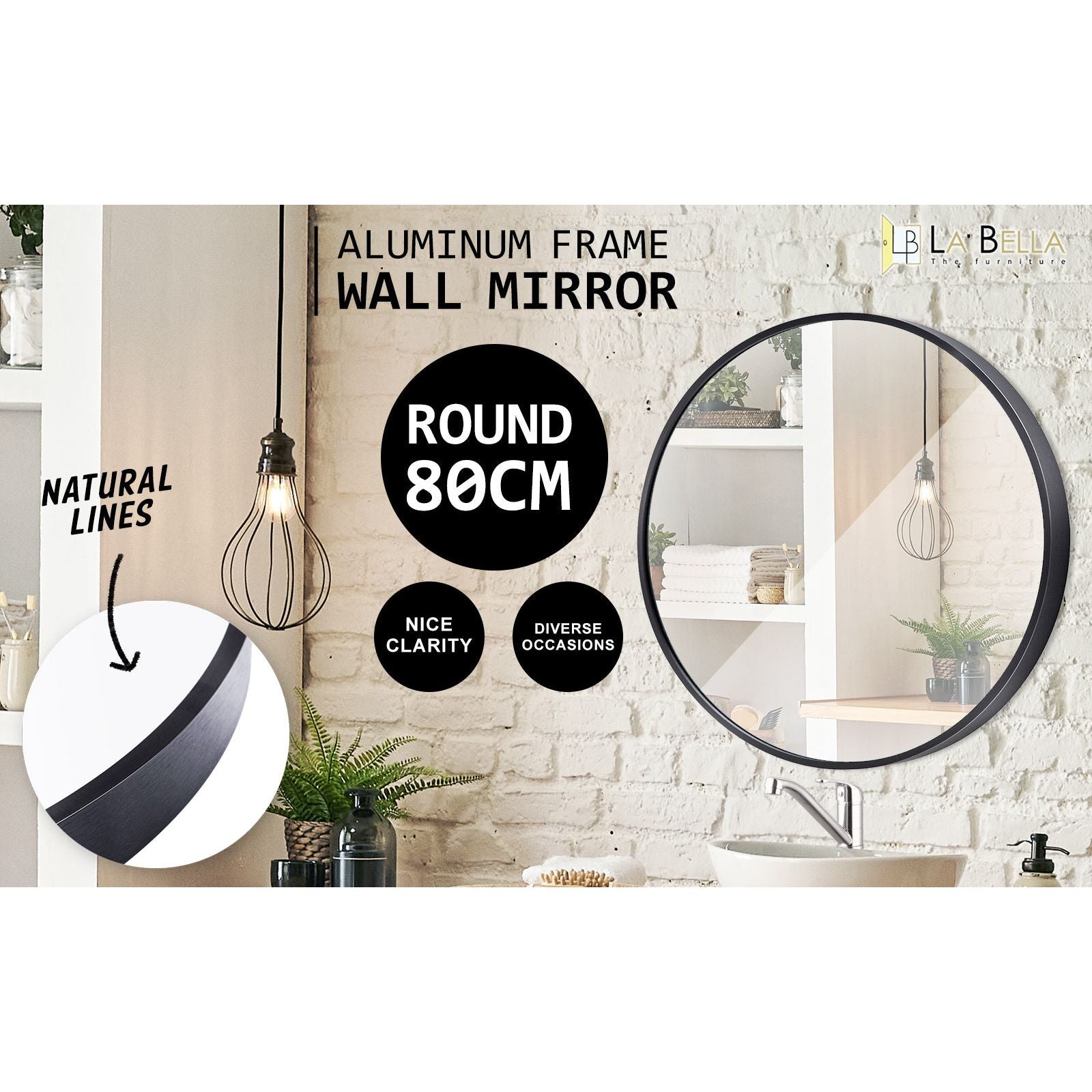 2 Set La Bella Black Wall Mirror Round Aluminum Frame Makeup Decor Bathroom Vanity 80cm