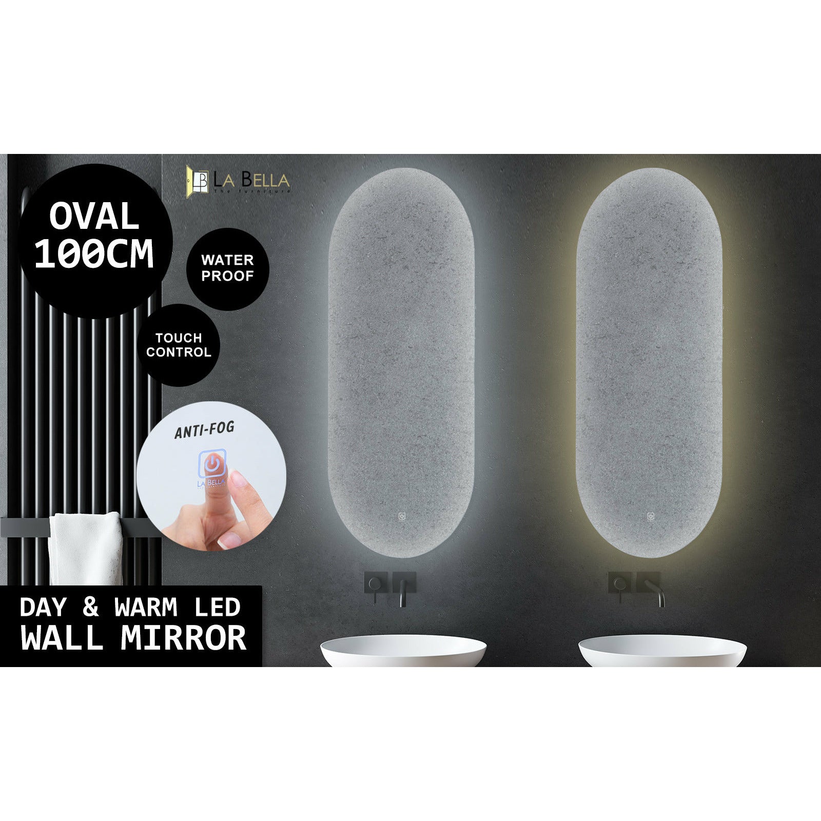 La Bella LED Wall Mirror Oval Touch Anti-Fog Makeup Decor Bathroom Vanity 45 x 100cm