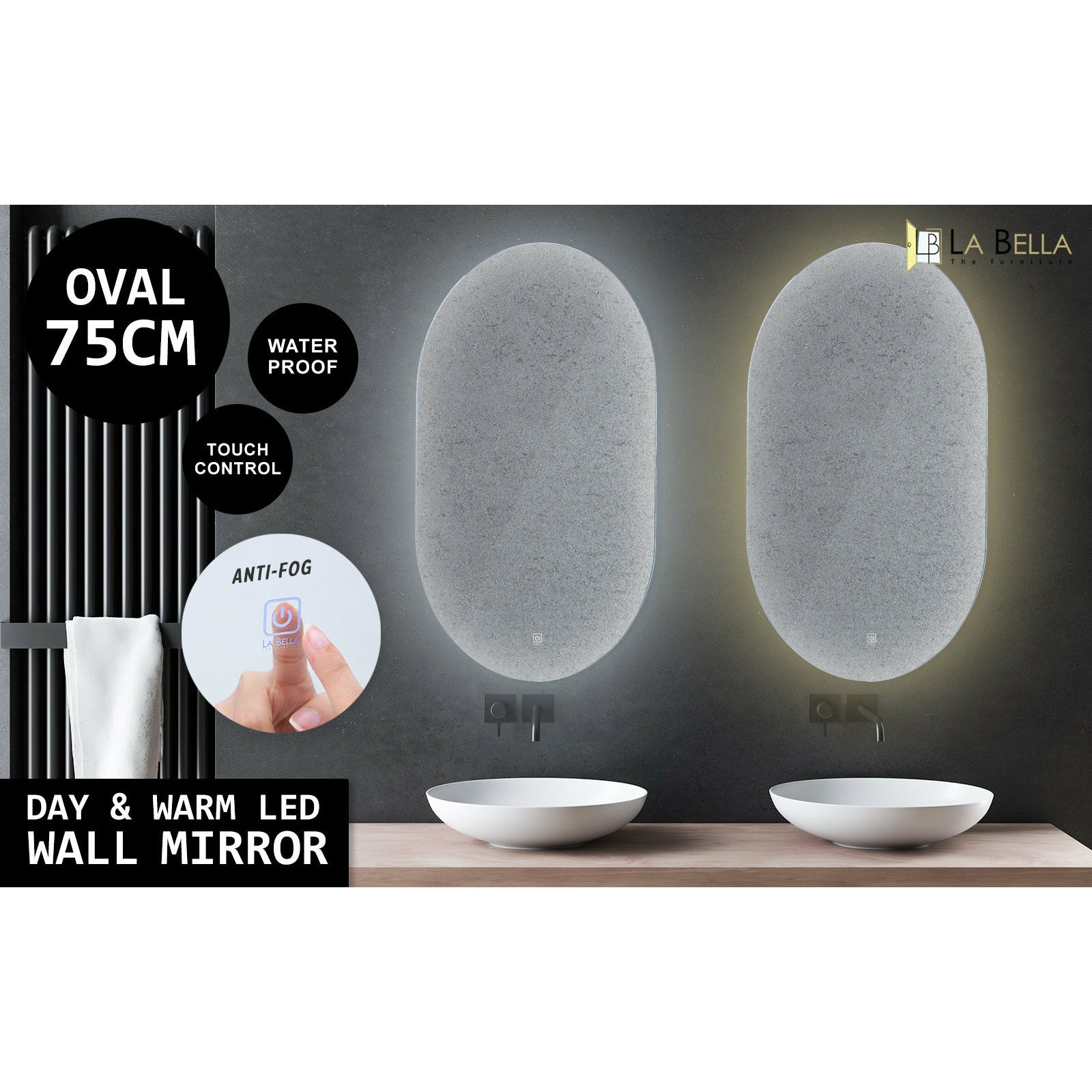 La Bella LED Wall Mirror Oval Touch Anti-Fog Makeup Decor Bathroom Vanity 50 x 75cm