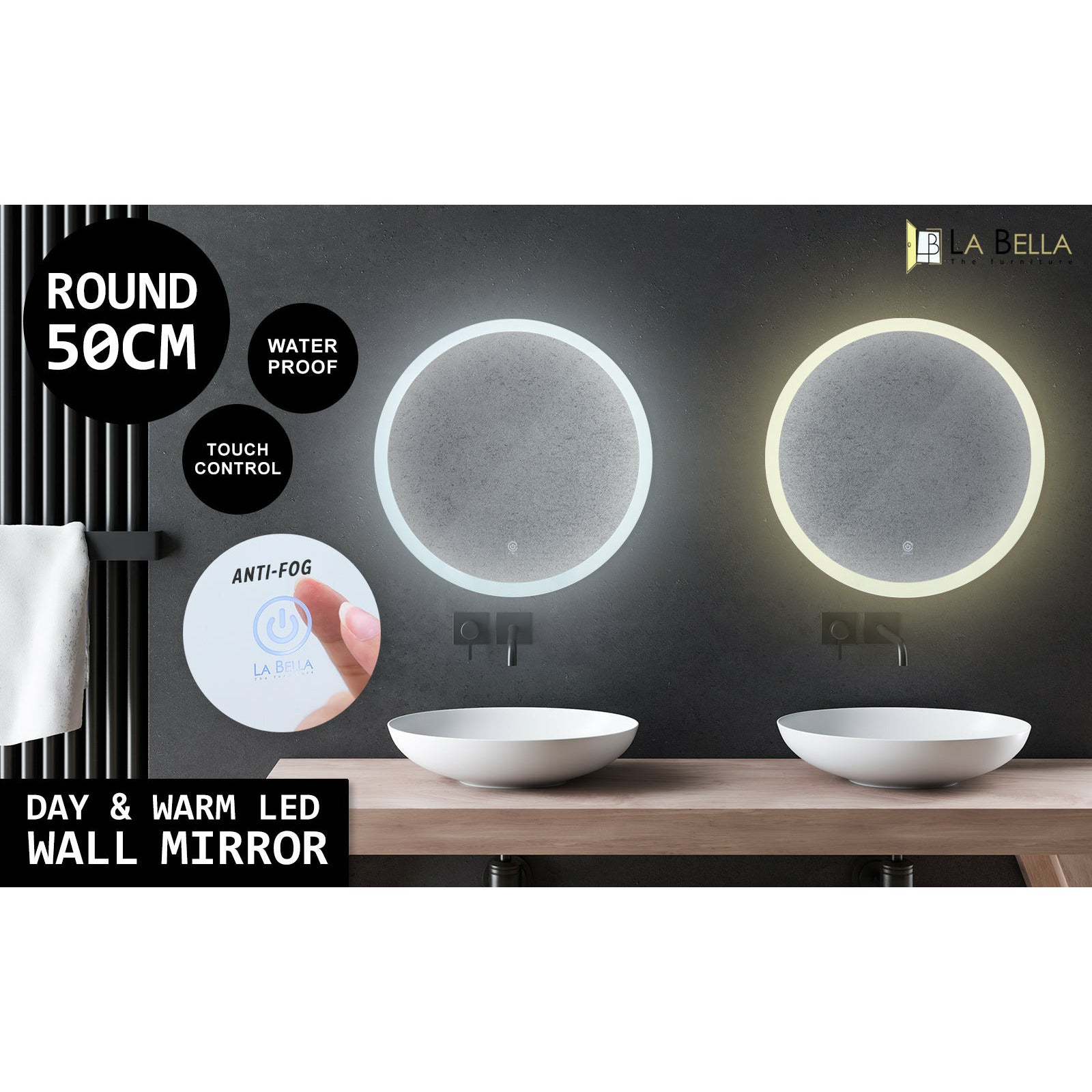 La Bella LED Wall Mirror Round Touch Anti-Fog Makeup Decor Bathroom Vanity 50cm