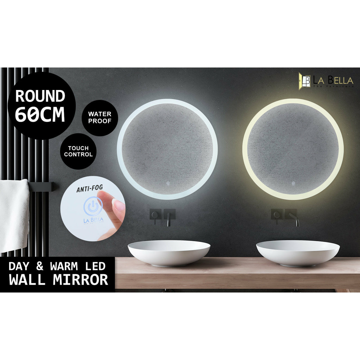 La Bella LED Wall Mirror Round Touch Anti-Fog Makeup Decor Bathroom Vanity 60cm