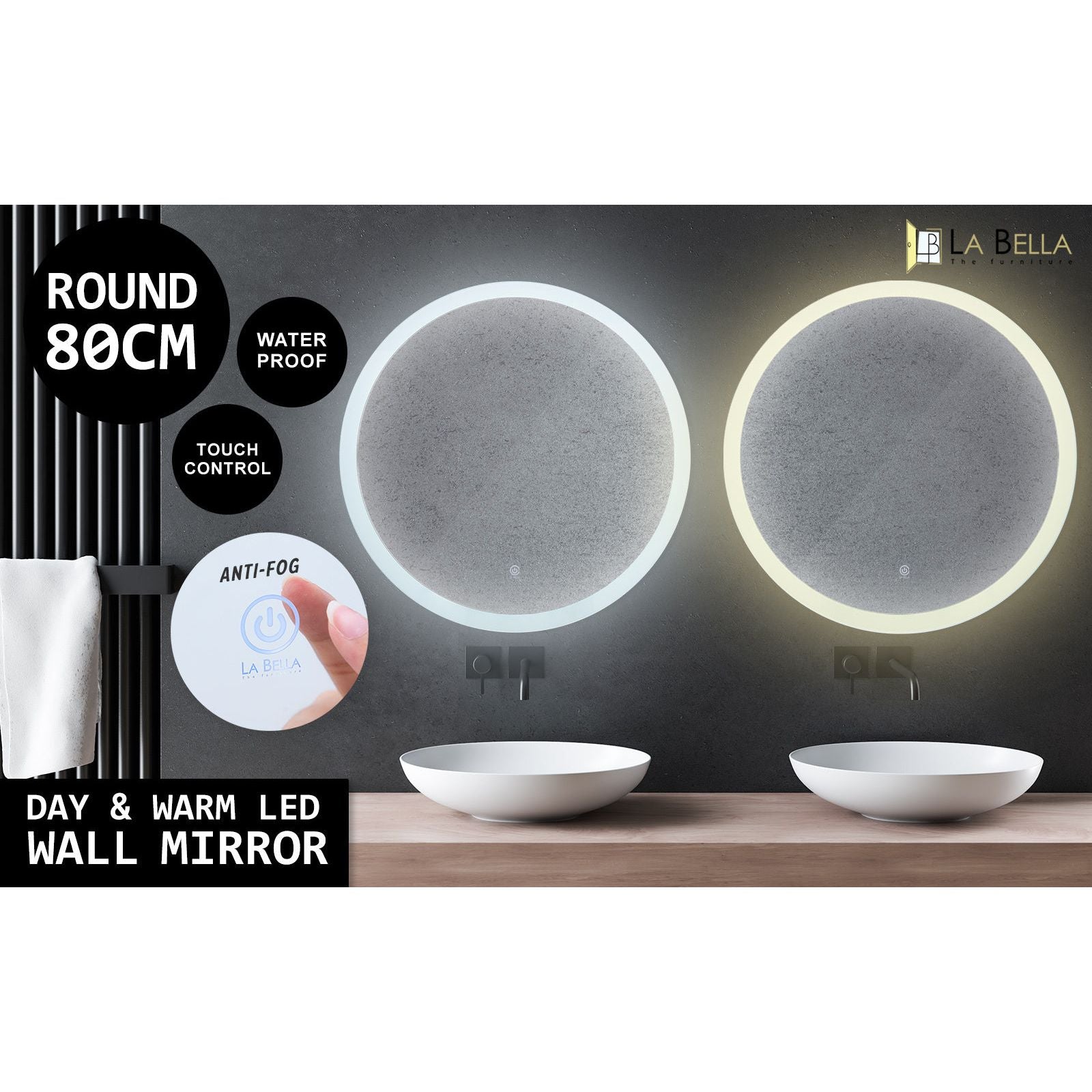 2 Set La Bella LED Wall Mirror Round Touch Anti-Fog Makeup Decor Bathroom Vanity 80cm