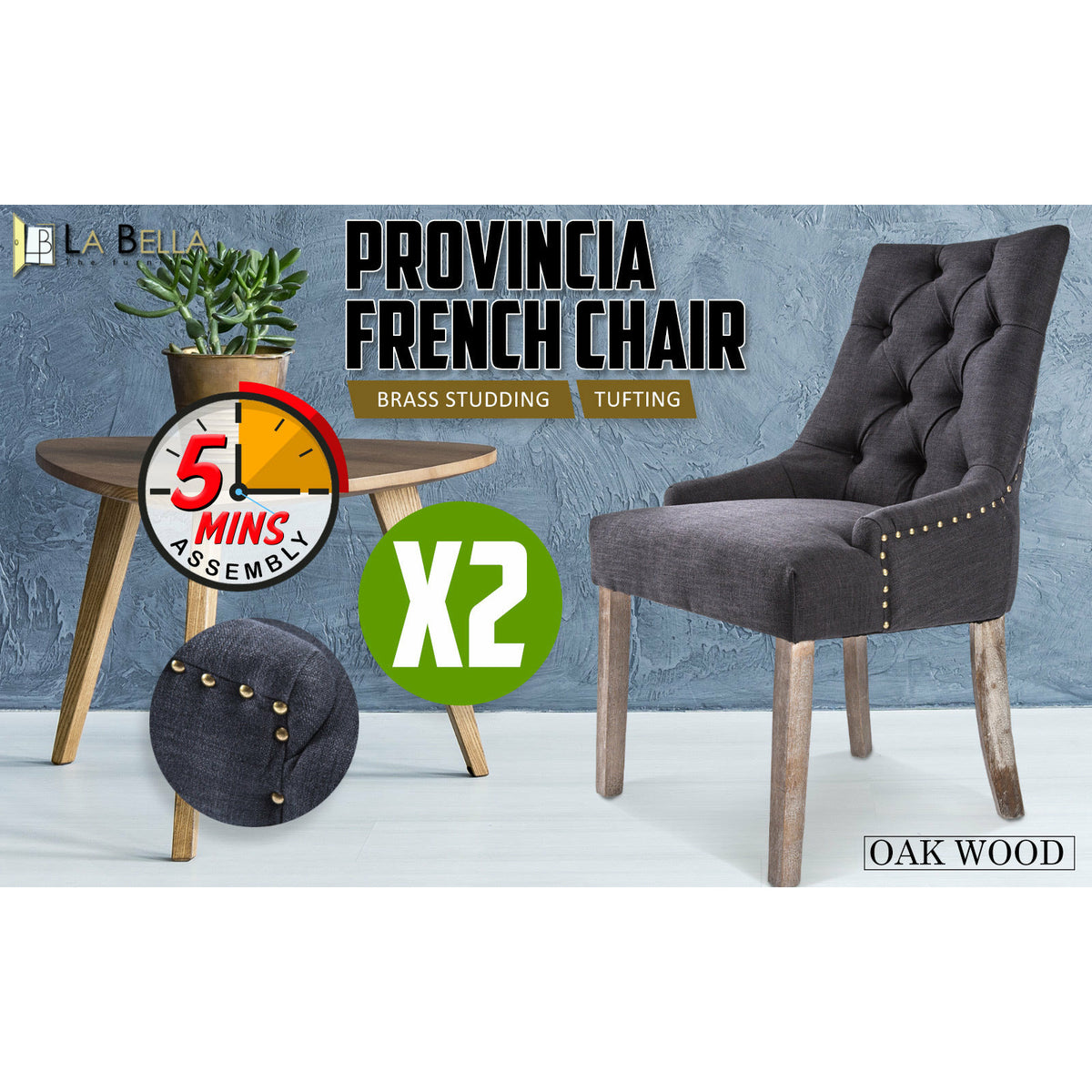 La Bella 2 Set Black (Charcoal) French Provincial Dining Chair Amour Oak Leg