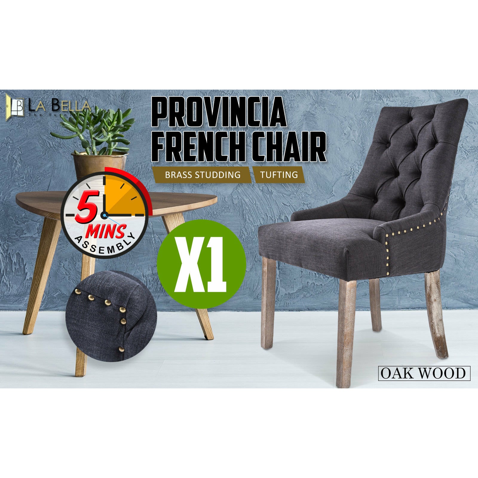 La Bella Black (Charcoal) French Provincial Dining Chair Amour Oak Leg