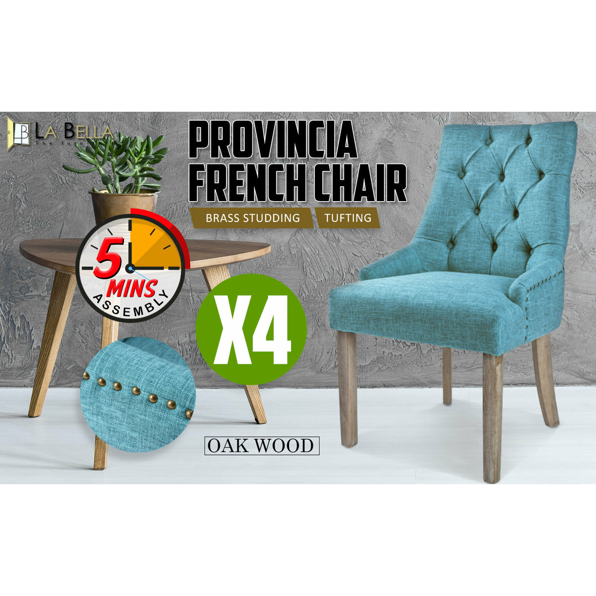 La Bella 4 Set Blue French Provincial Dining Chair Amour Oak Leg