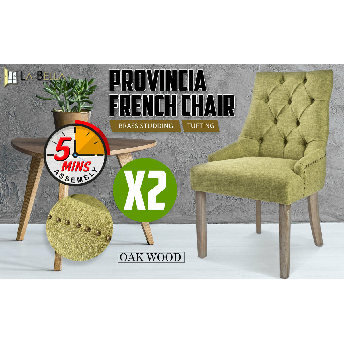 La Bella 2 Set Green French Provincial Dining Chair Amour Oak Leg