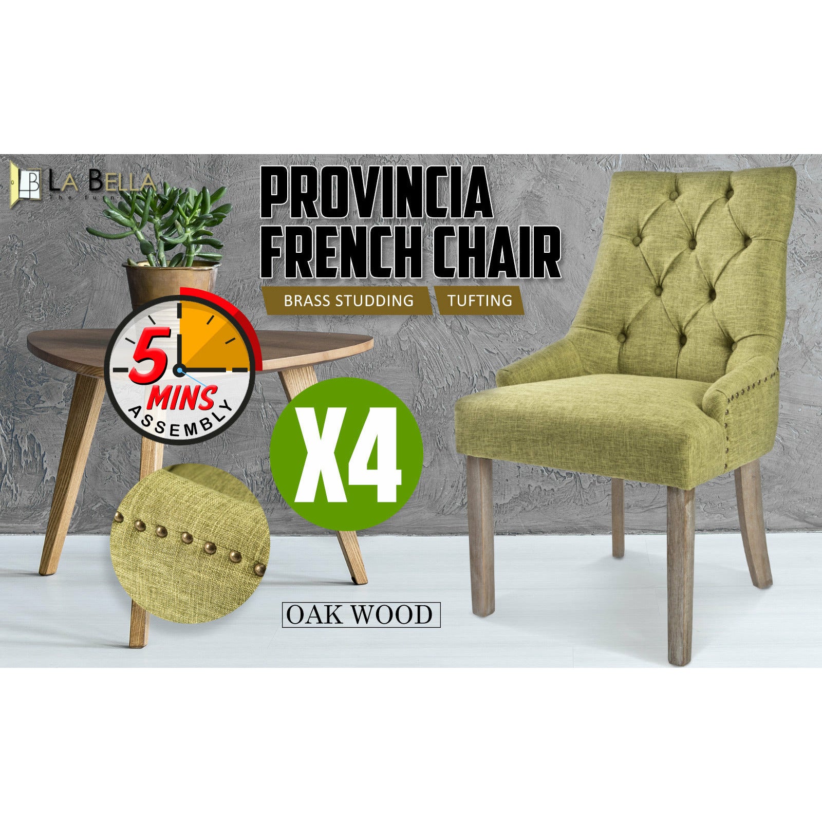 La Bella 4 Set Green French Provincial Dining Chair Amour Oak Leg