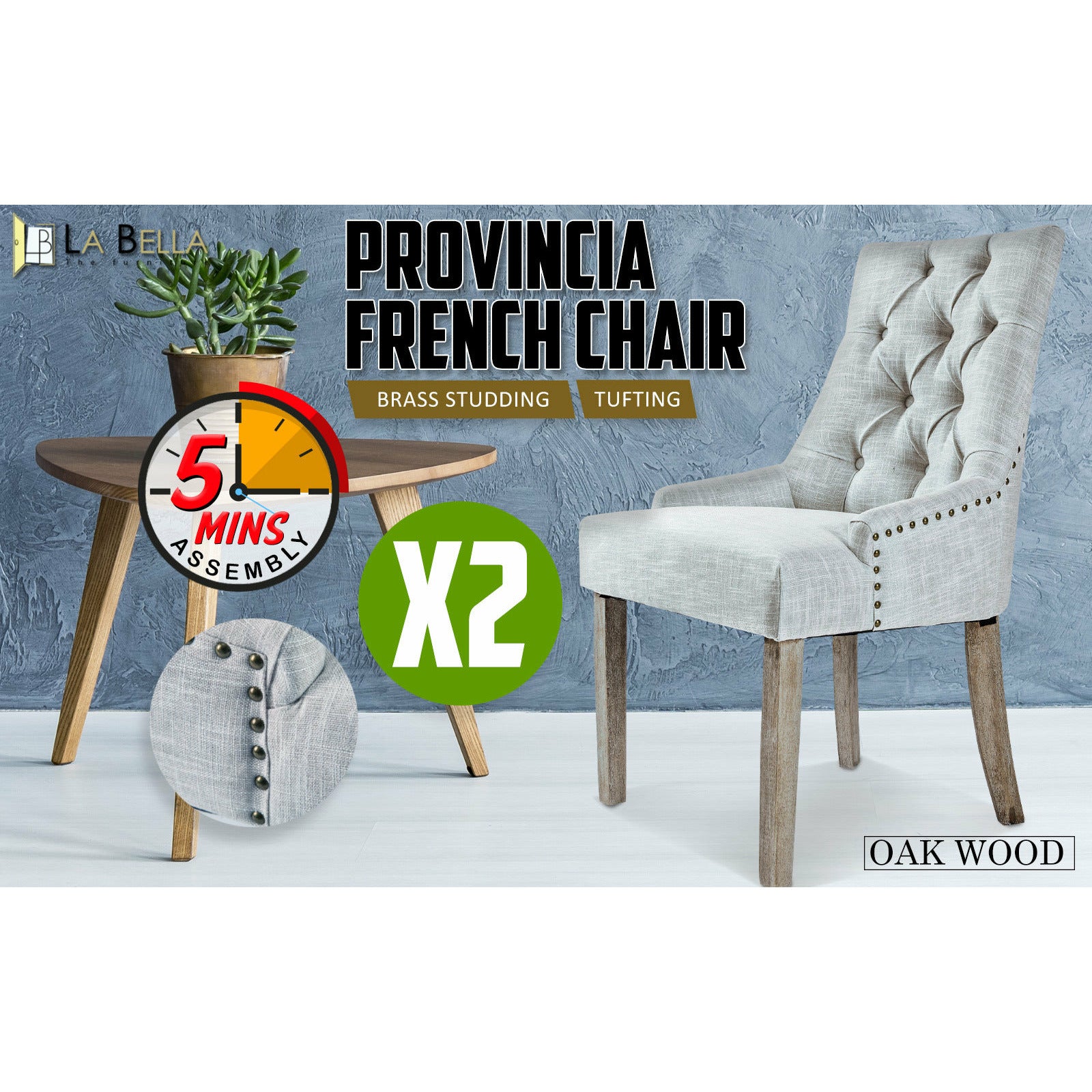 La Bella 2 Set Grey French Provincial Dining Chair Amour Oak Leg