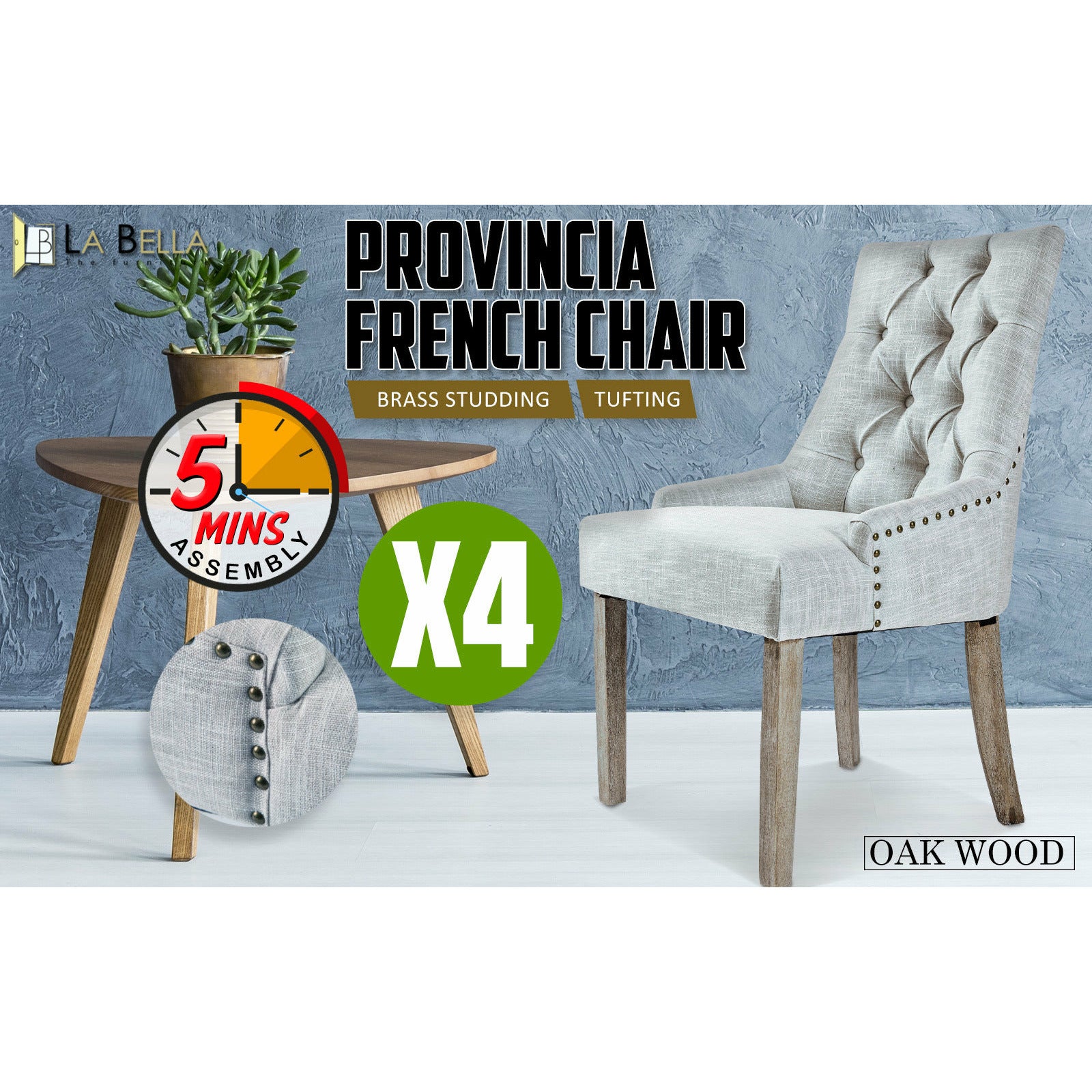 La Bella 4 Set Grey French Provincial Dining Chair Amour Oak Leg