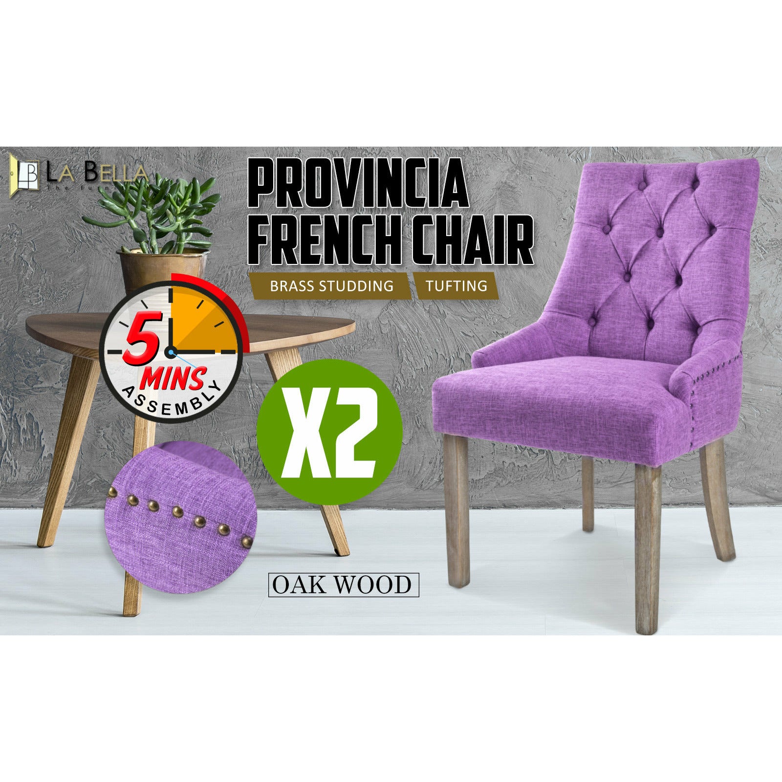 La Bella 2 Set Violet French Provincial Dining Chair Amour Oak Leg