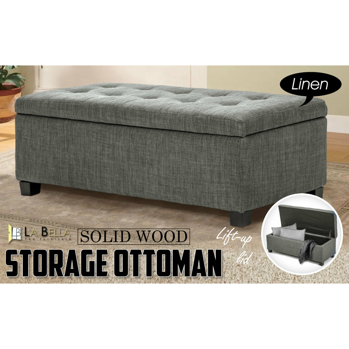 La Bella 102cm Dark Grey Storage Ottoman Stool Fabric
