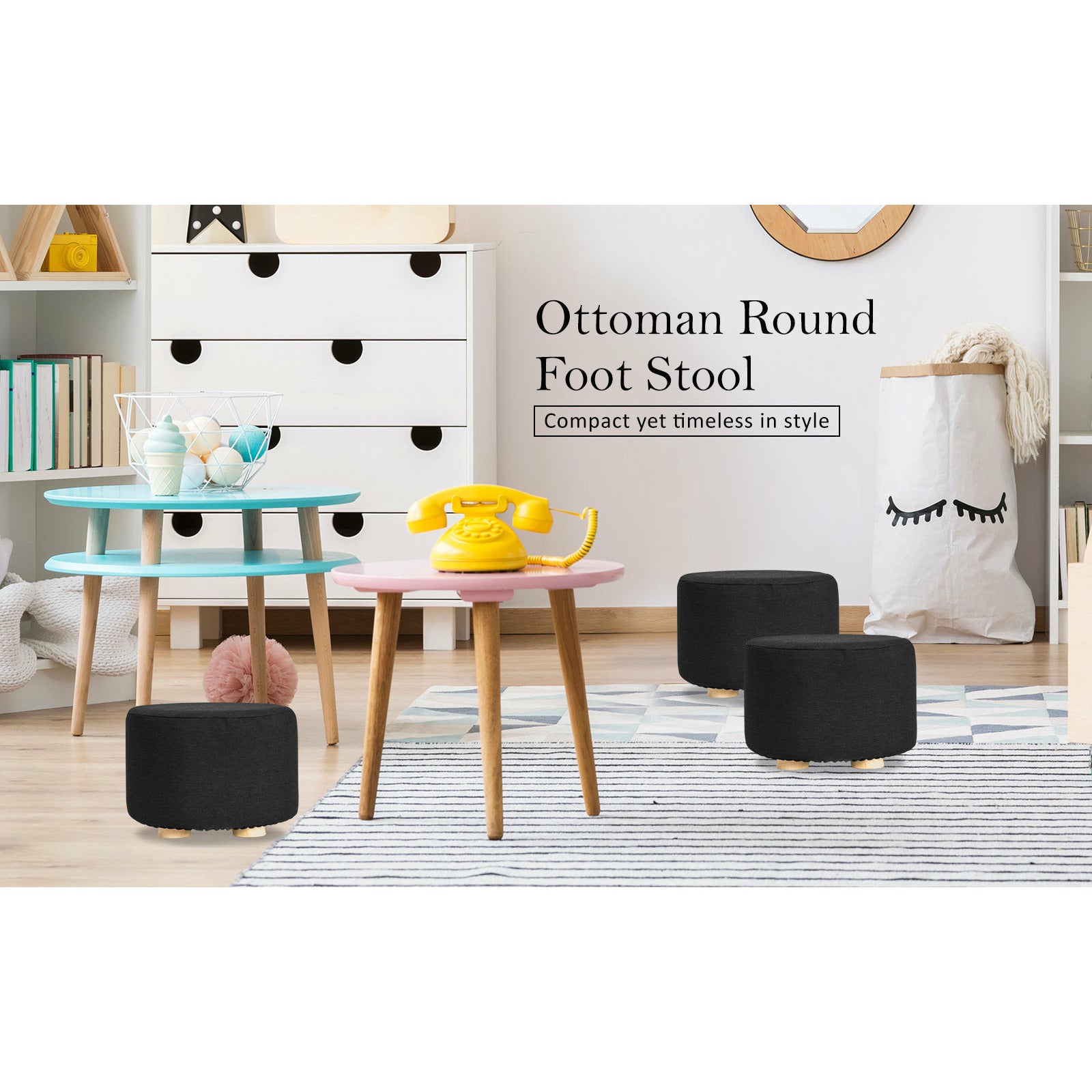 La Bella Black Fabric Ottoman Round Wooden Leg Foot Stool
