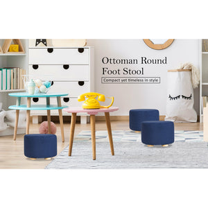 La Bella Dark Blue Fabric Ottoman Round Wooden Leg Foot Stool